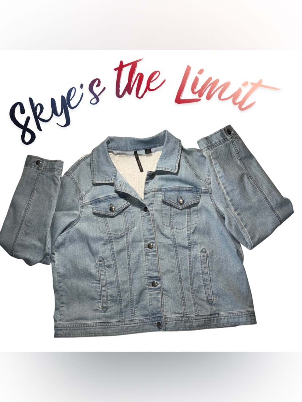 Skye’s the Limit‎ XL Light Blue Denim Jean Jacket w/ White Lace Back